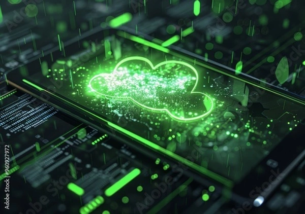 Fototapeta Futuristic Cloud Computing Concept with Neon Green Light on Digital Tablet - High-Tech Data Storage and Network Visualization