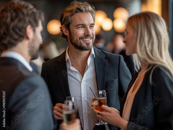 Fototapeta A group of business professionals enjoying a networking event in a chic, modern lounge, holding drinks and engaging in casual conversation, with a mix of formal and informal attire