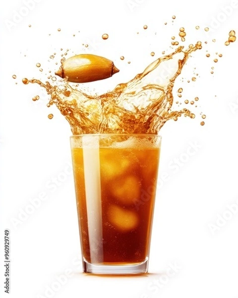 Fototapeta A glass of brown liquid with ice cubes and an acorn splashing into it, isolated on a white background.