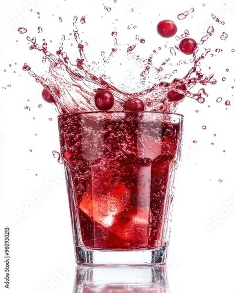 Fototapeta A glass of cranberry juice with ice cubes and cranberries splashing out.