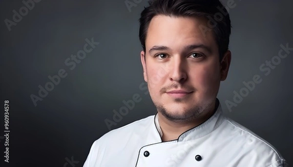 Fototapeta Image of a male chef in a chef's coat, looking at the camera, in vertical orientation.