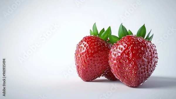 Fototapeta Three red strawberries on a white background