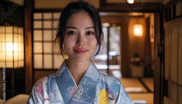 Fototapeta A woman wearing a yukata at a ryokan 