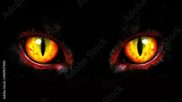 Fototapeta Cat eyes glow in the dark on a black background.