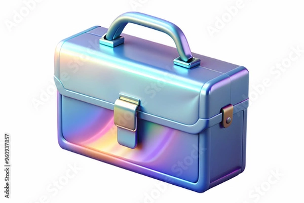 Obraz Shiny Holographic Briefcase with Labh Pancham Symbol on White Background with Copy Space - Sleek Design and Soft Glow, Perfect for Business and Technology Concepts