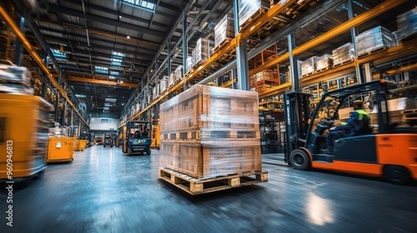 Fototapeta Industrial logistics scene with a pallet carrying oversized, heavy machinery components, surrounded by forklift trucks and warehouse workers in motion