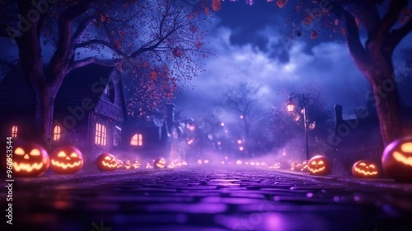 Fototapeta A spooky Halloween scene with illuminated pumpkins lining a path under a misty purple sky, capturing the eerie charm of the season.