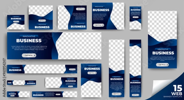 Fototapeta Corporate Business web banner template with blue background. Banner ads design with standard size and multipurpose. vector