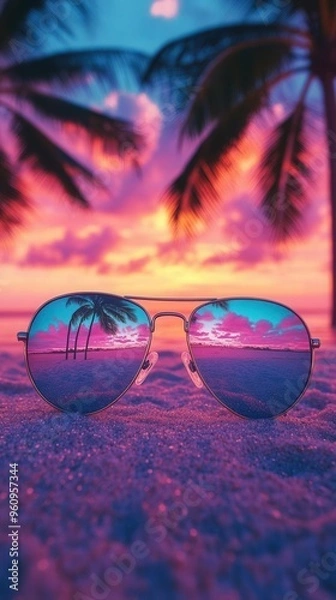 Obraz Closeup of vintage sunglasses reflecting a colorful 80s beach sunset, with palm trees and neoncolored sky, on a sandy background, perfect for summer vibes