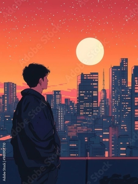 Fototapeta Create an 80s pop album cover in flat design, side view, vibrant cityscape theme, cartoon drawing, Splitcomplementary color scheme