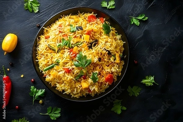 Obraz Top view of a Vegetable Biryani dish on a black table with ample copy space image