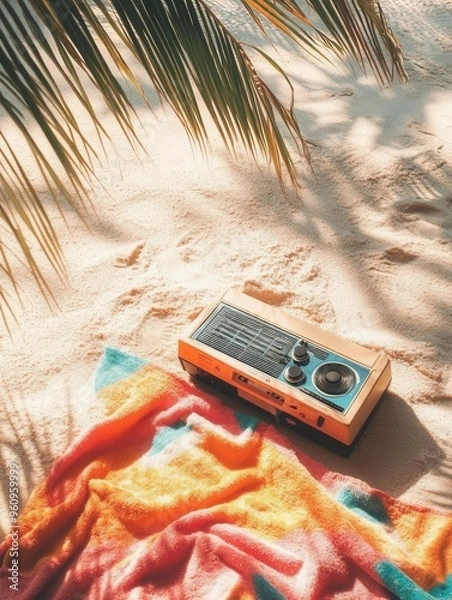 Obraz Sandy beach with a boom box, colorful towels, palm shadows, wideangle view, golden hour lighting, retro summer vibe