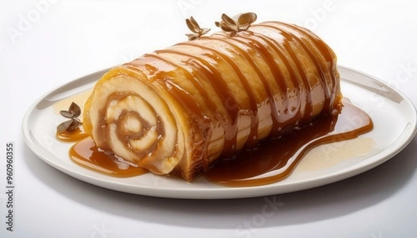 Fototapeta  An overhead shot of a traditional German roulade with crispy edges, surrounded by a light dr 
