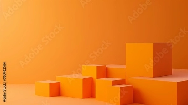 Obraz A minimalist arrangement of orange geometric cubes of varying sizes, placed on an equally orange background. The simple, clean lines and monochromatic color scheme create a modern and stylish visual