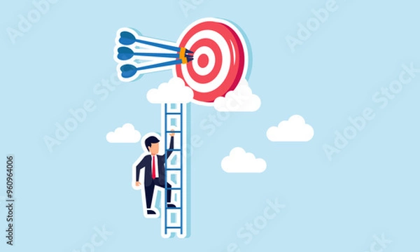 Fototapeta A businessman climbing a ladder toward a target board high above the clouds, illustration of A businessman progress toward achieving agreed upon and scheduled targets