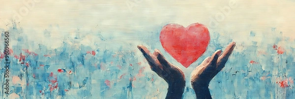Fototapeta A pair of hands gently cradles a large red heart.