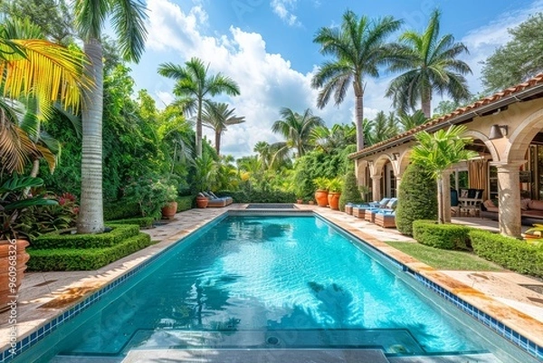 Fototapeta Beautiful Upscale Backyard Pool Surrounded by Palm Trees and Lush Greenery in Miami, Florida