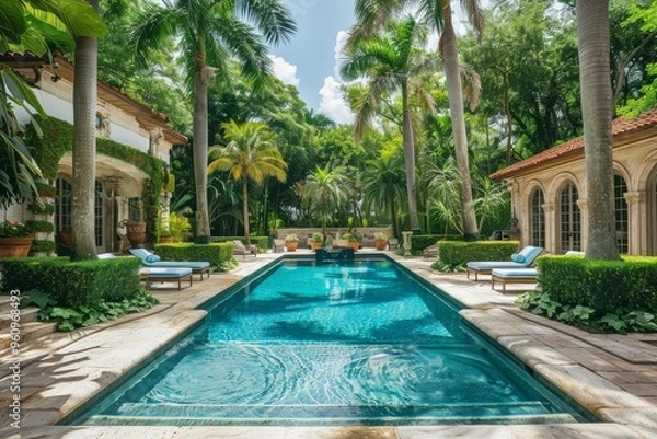 Fototapeta Beautiful Upscale Backyard Pool Surrounded by Palm Trees and Lush Greenery in Miami, Florida