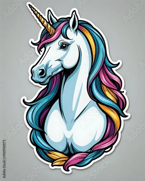 Fototapeta Magical unicorn with a colorful mane and a golden horn.