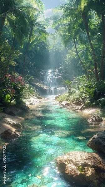 Fototapeta A serene tropical landscape featuring a crystal-clear river flowing through lush greenery and vibrant foliage, illuminated by soft sunlight.
