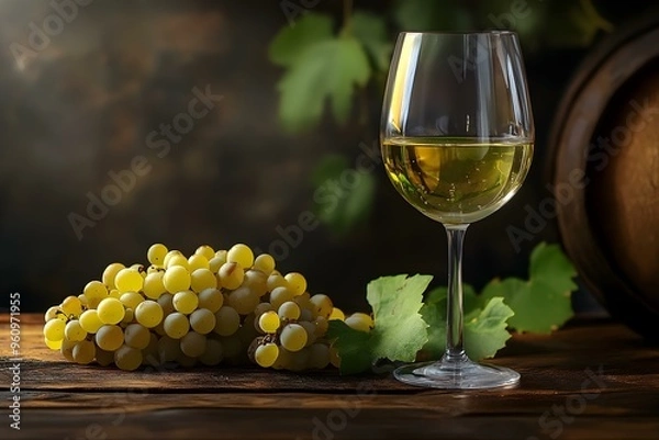 Fototapeta Wine glass with grapes on a wooden table Italian wine glass of white wine. Copy space image. Place for adding text and design