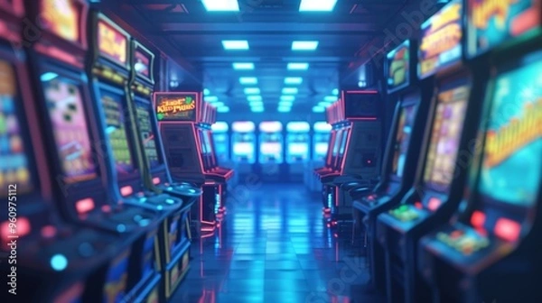 Fototapeta A vibrant arcade filled with rows of retro gaming machines, illuminated by neon lights, creating a lively and nostalgic atmosphere. The blurred background enhances the focus on the colorful, glowing