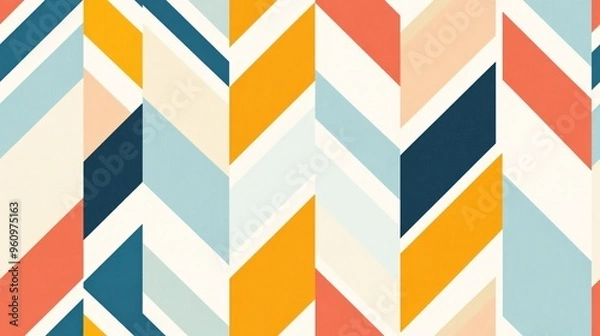 Fototapeta Abstract Geometric Chevron Pattern:  A seamless, colorful, and modern geometric pattern featuring a chevron design in vibrant hues of blue, orange, pink, and yellow. 