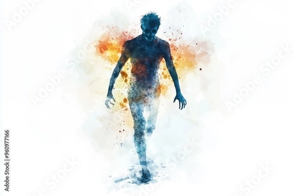 Obraz Abstract Watercolor Silhouette of a Zombie with Fiery Background in Artistic Style