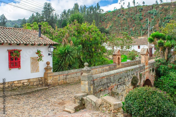 Fototapeta Historic Bridge and Colonial Architecture in Mongui, Boyaca, Colombia
