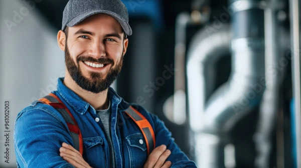Fototapeta Happy HVAC technician wearing uniform and cap, standing in an industrial setting with HVAC equipment in the background.