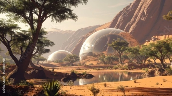 Fototapeta A stunning image of a desert valley showcasing large geodesic domes nestled among trees and vegetation. The scene captures a blend of futuristic architecture with natural beauty, under a soft, golden