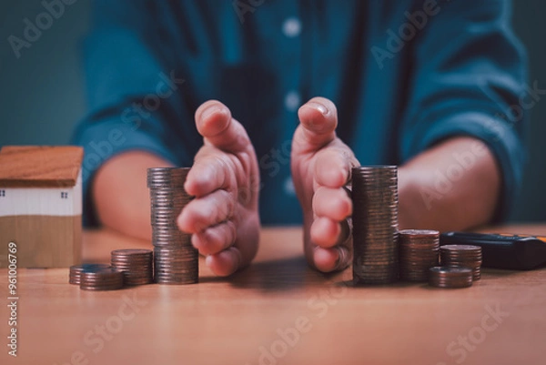 Fototapeta Divorce law and inheritance separation concept. Hand separate saving money, finance, home loan, debt return and inherit division. Bank business investment. Man separate stack coin, wood house on desk