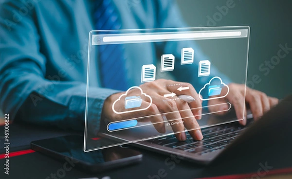 Fototapeta Cloud recovery backup data download management, Exchange file copy, DMS loading. Data transfer technology concept. FTP(File Transfer Protocol). Move file to smartphone, computer network transmission