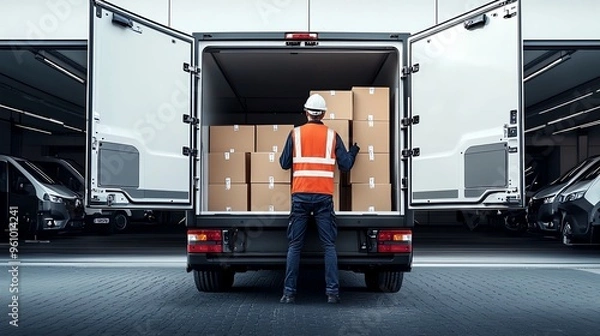 Fototapeta A delivery worker organizes boxes in the back of a cargo van at a loading dock, ensuring efficient logistics and safety.