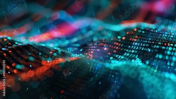 Obraz An abstract representation of a digital data stream with colorful binary code and bokeh effects in the background.
