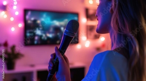 Obraz Woman singing into a microphone at a home karaoke party, with a TV screen displaying song lyrics