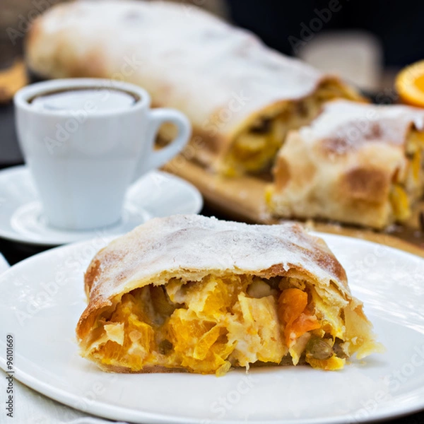 Obraz Strudel with custard and orange. Christmas Stollen. Christmas table decoration.