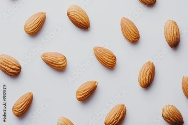 Fototapeta A collection of almonds scattered on a white surface.