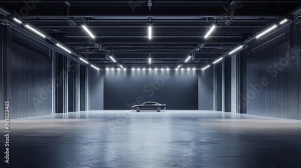 Obraz Front view grey hangar interior with spotlight and concrete floor, car background and empty stage concept. 3D Rendering, mockup.