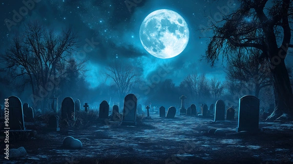Fototapeta Awesome Spooky Forest at Night with Full Moon and Bats Flying Through Twisted Trees in a Creepy