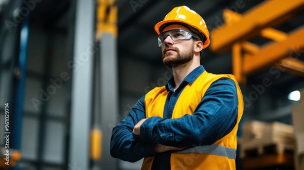 Fototapeta A factory worker wearing a hard hat, safety vest, and protective glasses, standing confidently in an industrial environment.