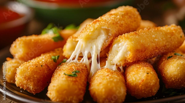 Fototapeta A plate of mozzarella sticks being pulled apart, revealing stretchy, melted cheese inside the crispy breading, with marinara sauce in the background