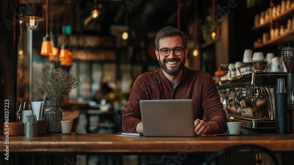 Fototapeta smiling business casual man working on a laptop at a stylish coffee shop,