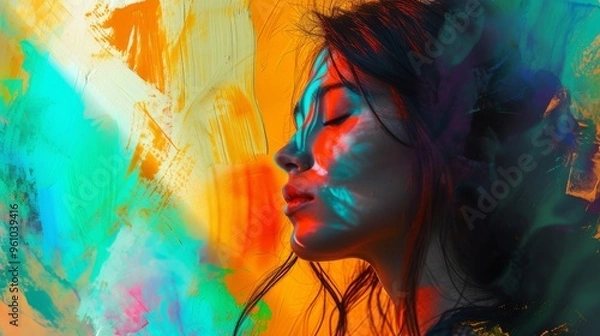 Fototapeta A serene profile of a young woman bathed in colorful light from an abstract painting. The vibrant background with swirls of green, orange, and blue enhances the tranquil mood, merging the subject with