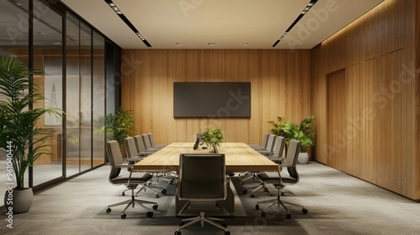 Fototapeta Front view of empty modern conference room with office desk and chairs, wooden walls and floor. 3D Rendering
