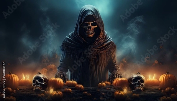 Fototapeta grim reaper with pumpkins and skulls fall halloween concept dark background