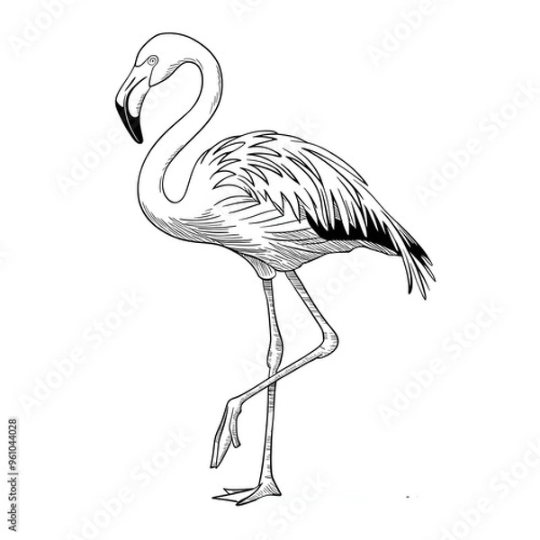 Obraz Flamingo. Pink flamingo icon. Flamingo black and white sketch isolated on white. Illustration of flamingo bird for adult coloring page, tattoo, logo, book. Black and white flamingo silhouette.