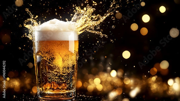 Fototapeta powerful splash of golden beer erupting from a glass, with foam and liquid frozen in motion against a bold