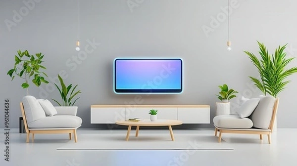 Fototapeta A modern living room with a floating holographic TV, sleek furniture, minimalist design, soft neutral colors, 3D rendering