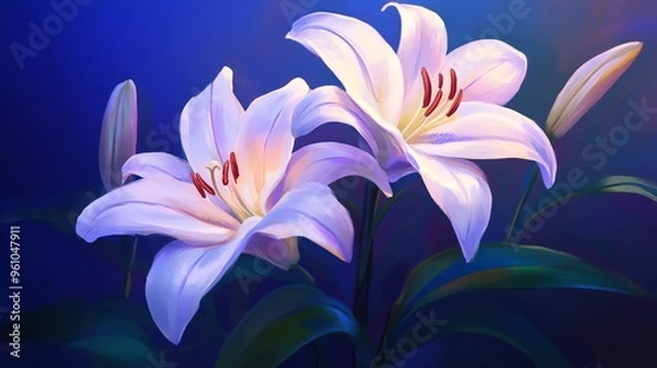 Fototapeta A vibrant close-up of two elegant lilies with soft petals and striking details, perfect for floral-themed designs and decor.